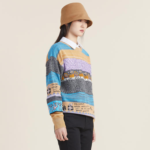 谜底2022秋新款复古文艺趣味图案绣花百搭套头针织衫女223MZ1372 商品图1