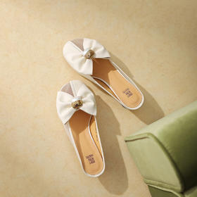 西村名物2022年夏新款绸缎蝴蝶结方头中跟后空半镂空时尚百搭包头女拖鞋11621