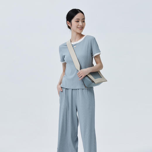 简约时髦棉质 BLEO 细罗纹针织撞色套装 （ 九分阔腿裤 ） 商品图5