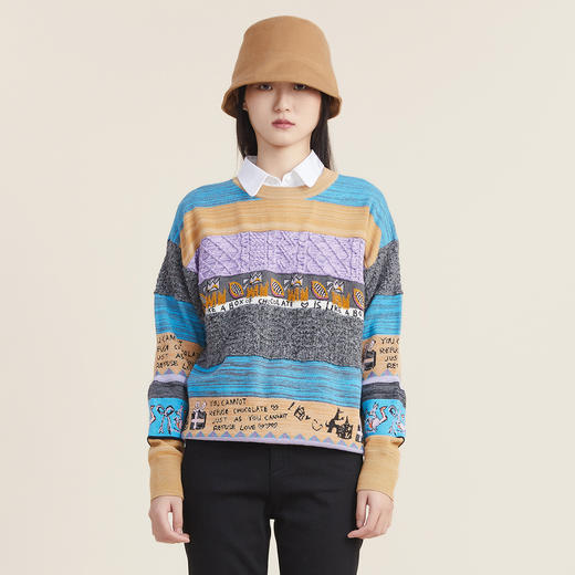 谜底2022秋新款复古文艺趣味图案绣花百搭套头针织衫女223MZ1372 商品图0