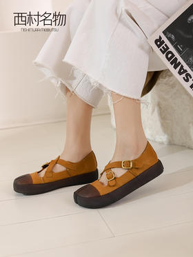 西村名物2022春季新款复古休闲女单鞋拼色交叉绑带软底女鞋T22AE18561