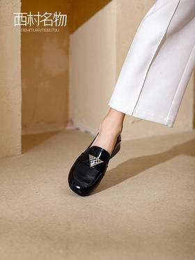 西村名物2022春季新款真皮日系棋盘格圆头透气通勤乐福鞋女19391