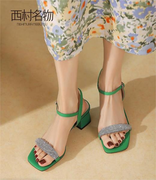 西村名物2022年夏季新款时尚仙女风一字扣带中跟凉鞋女粗跟25081 商品图0