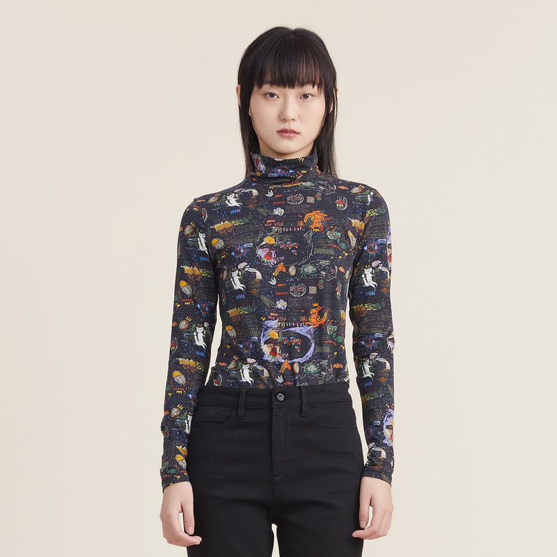 谜底休闲花色长袖半高领T恤女2022秋新款打底衫内搭上衣223MT1026