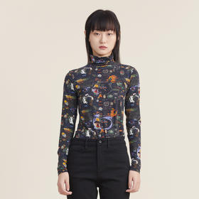 谜底休闲花色长袖半高领T恤女2022秋新款打底衫内搭上衣223MT1026