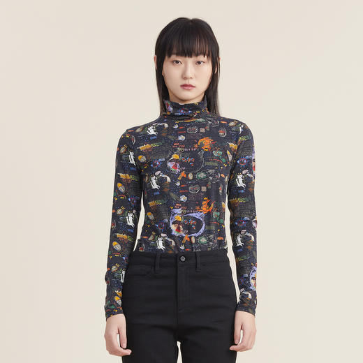 谜底休闲花色长袖半高领T恤女2022秋新款打底衫内搭上衣223MT1026 商品图0