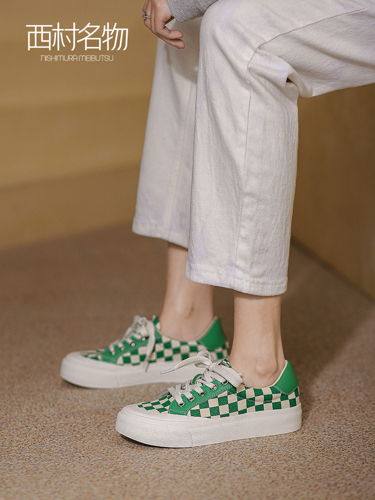 西村名物2022春季新款复古格子黑白棋盘板鞋ins日系运动鞋潮T22AM17591