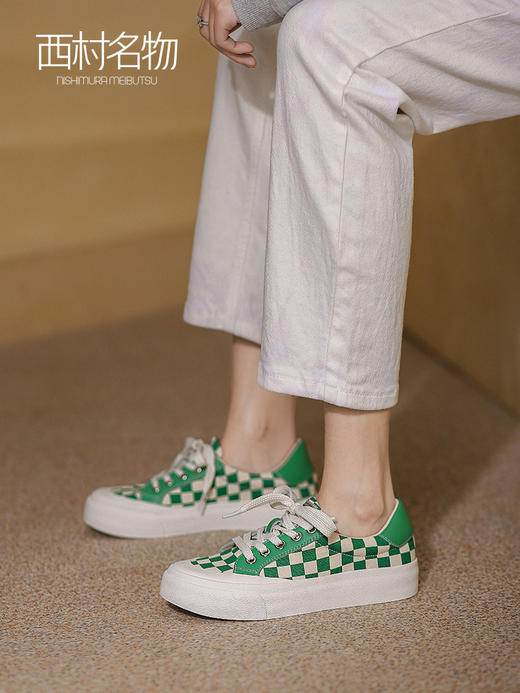 西村名物2022春季新款复古格子黑白棋盘板鞋ins日系运动鞋潮T22AM17591 商品图0