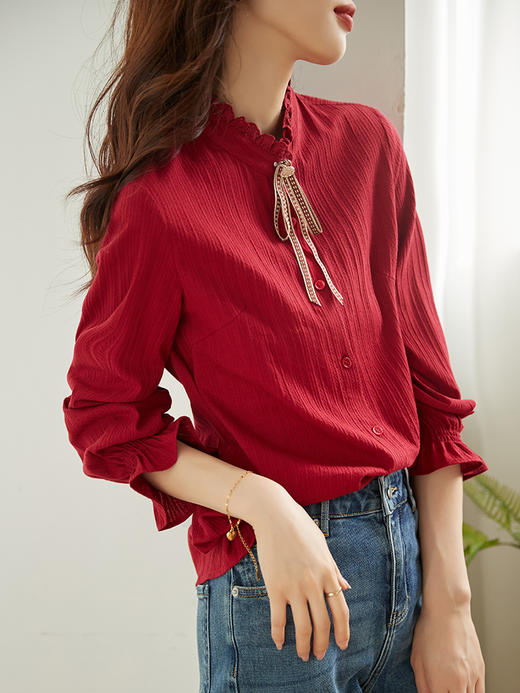 【专属特价】熙世界纯棉肌理衬衫设计感小众法式复古木耳边立领秋装上衣女新款 商品图2
