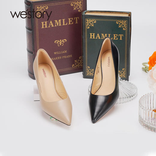 westory22年新款设计感气质名媛法式纯色真皮不累脚高跟单鞋72491 商品图4