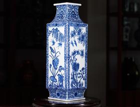 柴窑春夏秋冬花鸟四方瓶