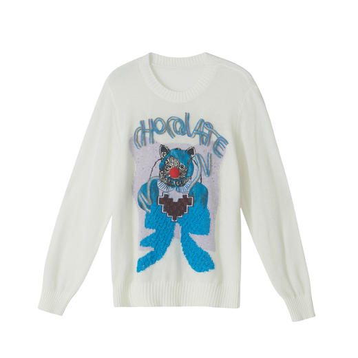 谜底套头针织衫女2022秋新款趣味图案绣花柔软圆领毛衣223MZ1385 商品图4