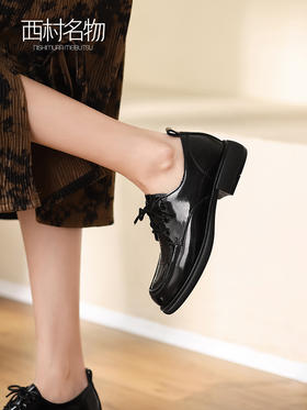 西村名物2022春季新款黑色小皮鞋女英伦风真皮单鞋女乐福鞋T22AM17671