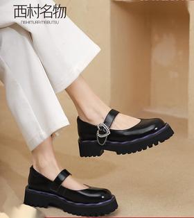 西村名物2022春季新款玛丽珍鞋心形链条皮鞋女圆头粗跟厚底T22AE17761