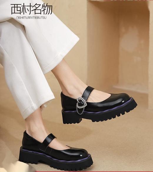 西村名物2022春季新款玛丽珍鞋心形链条皮鞋女圆头粗跟厚底T22AE17761 商品图0