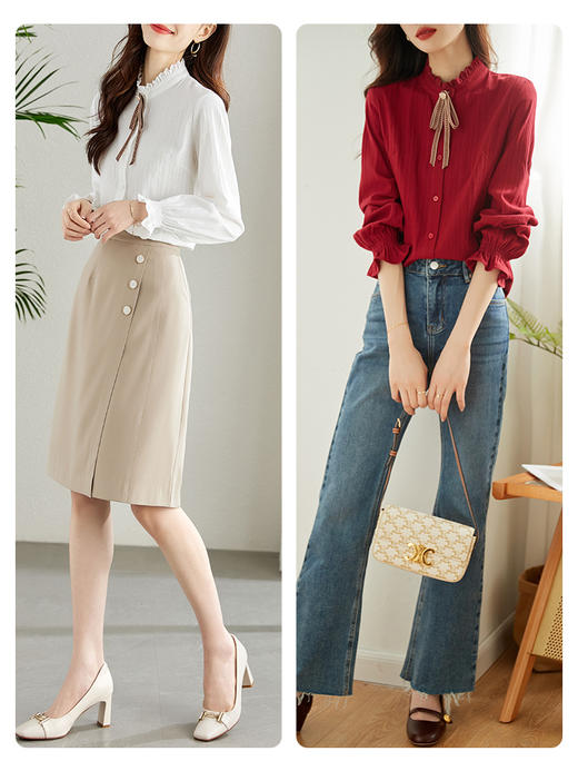 【专属特价】熙世界纯棉肌理衬衫设计感小众法式复古木耳边立领秋装上衣女新款 商品图6