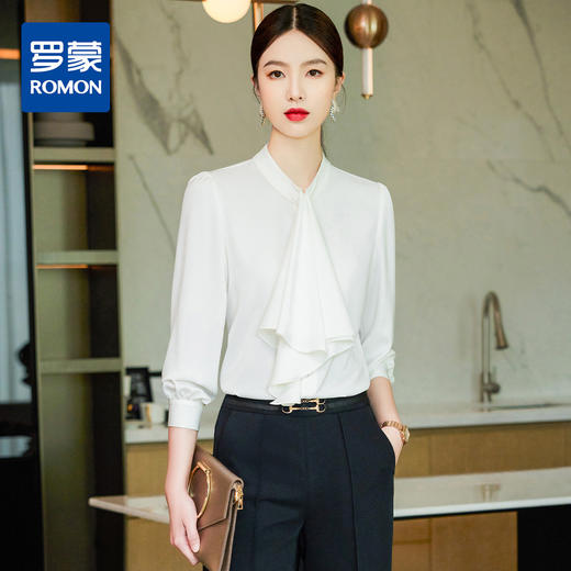 罗蒙春秋女装长袖衬衫女士时尚设计感商务通勤白领职场OL气质衬衣女 商品图0