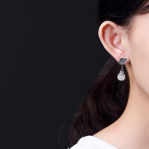 S925纯银和田玉莲花耳坠复古个性中国风耳钉耳饰品CW 商品图4