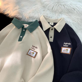 黛唯梵美式复古vintag卫衣男秋季宽松polo衫情侣装华夫格翻领学生外套男