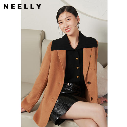 NEELLY纳俪商场同款秋冬季中长款双面呢外套女西装式毛呢上衣时尚N22104N04408 商品图3