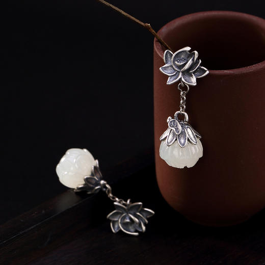 S925纯银和田玉莲花耳坠复古个性中国风耳钉耳饰品CW 商品图1