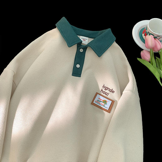 黛唯梵美式复古vintag卫衣男秋季宽松polo衫情侣装华夫格翻领学生外套男 商品图3