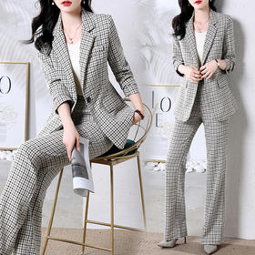 HR WG72139时尚气质优雅减龄格纹洋气阔腿裤两件套