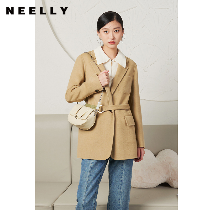 NEELLY纳俪商场同款西装双面呢大衣女收腰系带毛呢外套含羊毛保暖N22104N04409