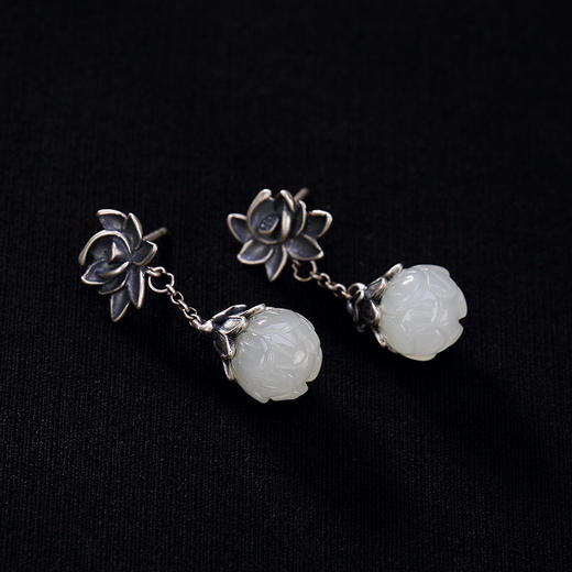 S925纯银和田玉莲花耳坠复古个性中国风耳钉耳饰品CW 商品图3