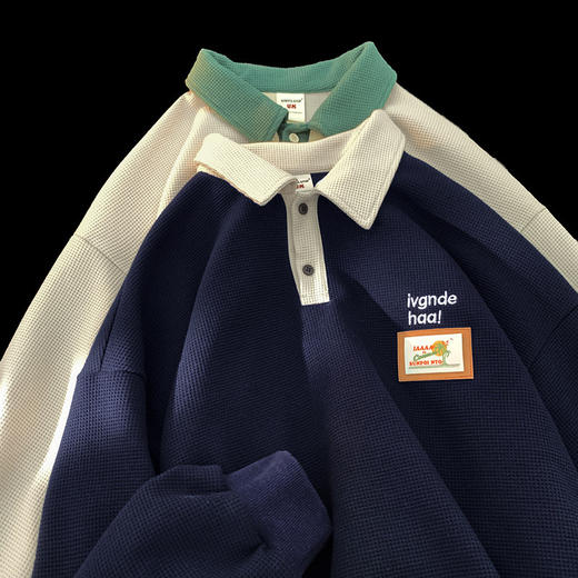 黛唯梵美式复古vintag卫衣男秋季宽松polo衫情侣装华夫格翻领学生外套男 商品图2