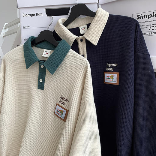 黛唯梵美式复古vintag卫衣男秋季宽松polo衫情侣装华夫格翻领学生外套男 商品图4