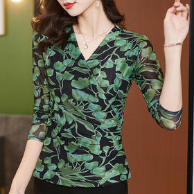 KQL E001M6333时尚网纱印花交叉V领修身显瘦T恤