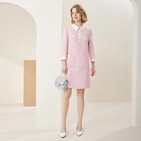 MC812斯尔丽瑟俪商场同款2022年秋上新柔粉色娃娃领高腰通勤长袖连衣裙