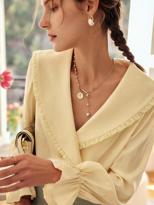 欧芮儿缎面长袖衬衫女秋季2022新款宽松显瘦时尚气质翻领提花衬衣 商品图0