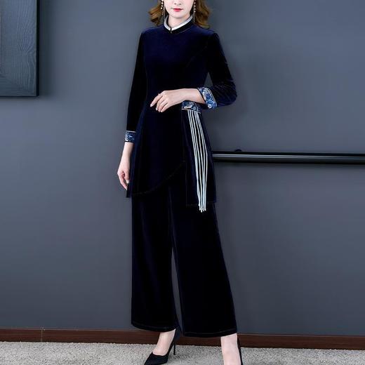 ZFN-98-1869金丝绒套装秋冬新款立领中国风撞色刺绣中长款上衣两件套套装 商品图1