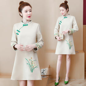 Y5265复古中国风改良旗袍打底加厚毛呢绣花长袖连衣裙