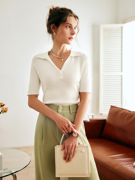 OLrain法式高级穿搭白色针织衫女夏季2022新款Polo领冰丝修身上衣 商品图2