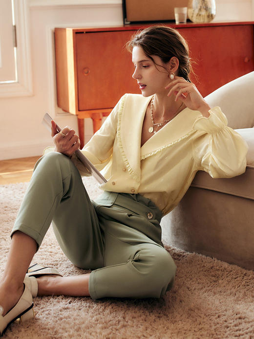 欧芮儿缎面长袖衬衫女秋季2022新款宽松显瘦时尚气质翻领提花衬衣 商品图3