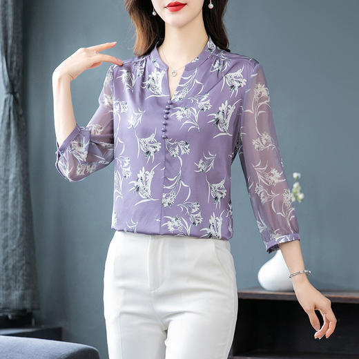 V领优雅气质，印花短袖仿真丝上衣KQL-N9227 商品图2