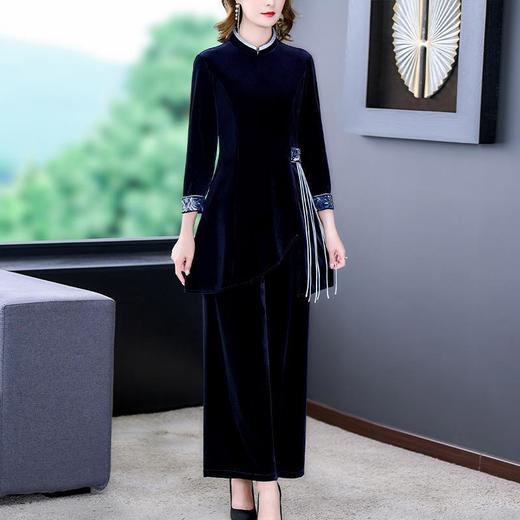 ZFN-98-1869金丝绒套装秋冬新款立领中国风撞色刺绣中长款上衣两件套套装 商品图4