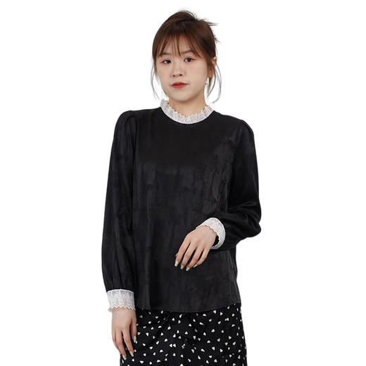oldcolour2021秋商场同款黑色长袖气质荷叶领衬衫女N33013311 商品图4