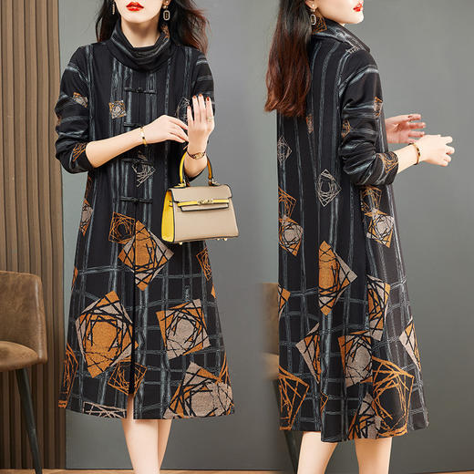 2022春秋季新款民族风复古盘扣时髦大码连衣裙女妈妈气质中长裙子HR-WY827389 商品图3