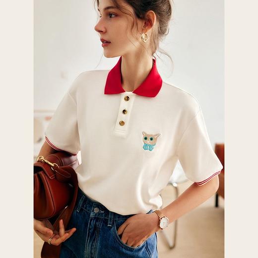 欧芮儿Polo领白色T恤女春季2022新款宽松显瘦时尚气质刺绣针织衫 商品图1