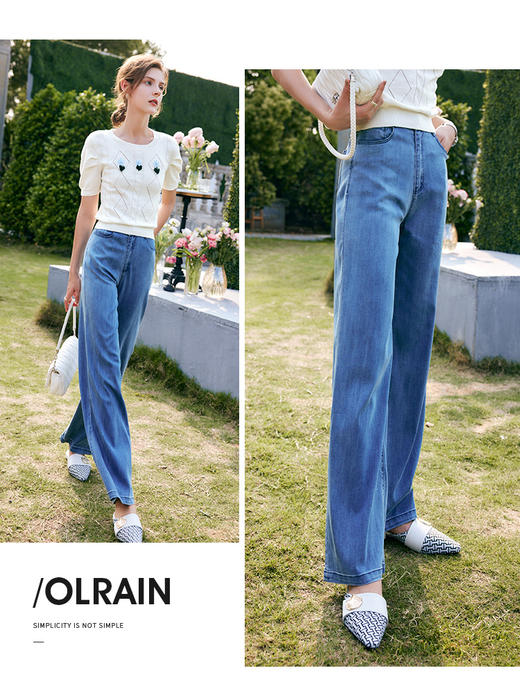 欧芮儿天丝牛仔裤女夏季2022年新款高腰直筒阔腿垂坠感长款拖地裤 商品图0
