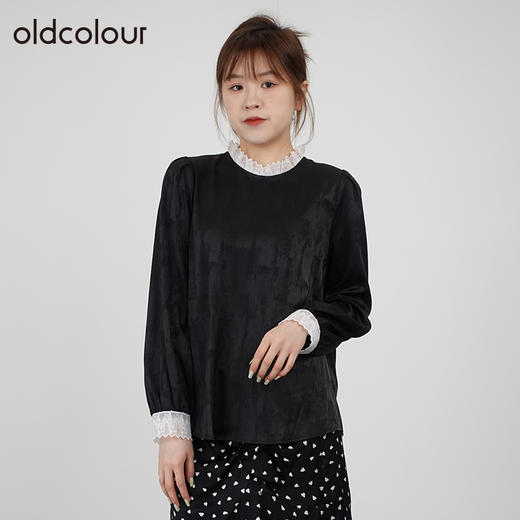 oldcolour2021秋商场同款黑色长袖气质荷叶领衬衫女N33013311 商品图0