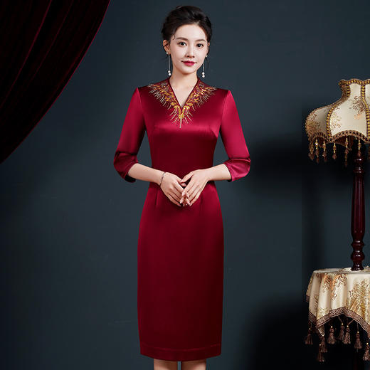JC-JY5249婚宴礼服高贵醋酸缎改良连衣裙秋季丈母娘婚礼服喜婆婆敬酒服 商品图1