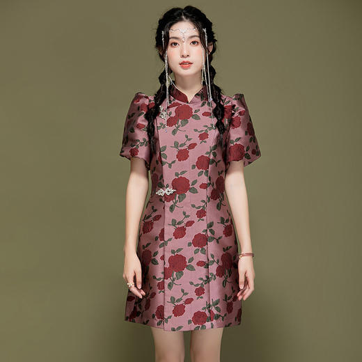 秋季新款，灯笼袖提花连衣裙改复古优雅气质改良日常旗袍OY-220360 商品图0