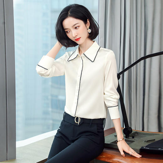 ASE-3375真丝衬衣女时尚气质包边翻领百搭职场范儿单排包扣重磅真丝衬衫女 商品图1