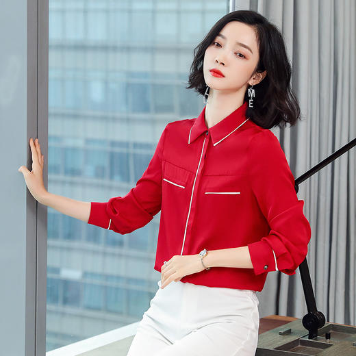 ASE-3377桑蚕丝衬衫女重磅欧货翻领拼色百搭隐形单排扣衬衫女春秋 商品图0