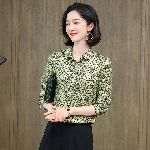 ASE-3398重磅真丝衬衫女2021秋新款气质木耳边长袖格纹印花桑蚕丝衬衣 商品图1